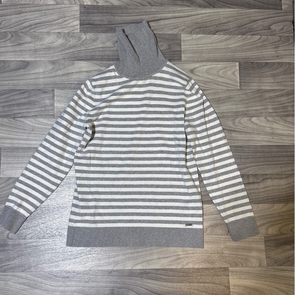 Tommy Hilfiger Womens Grey White Striped Turtleneck Sweater Size M Long Sleeve
